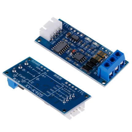 Deux modules convertisseurs RS485 vers TTL bleus avec connecteurs