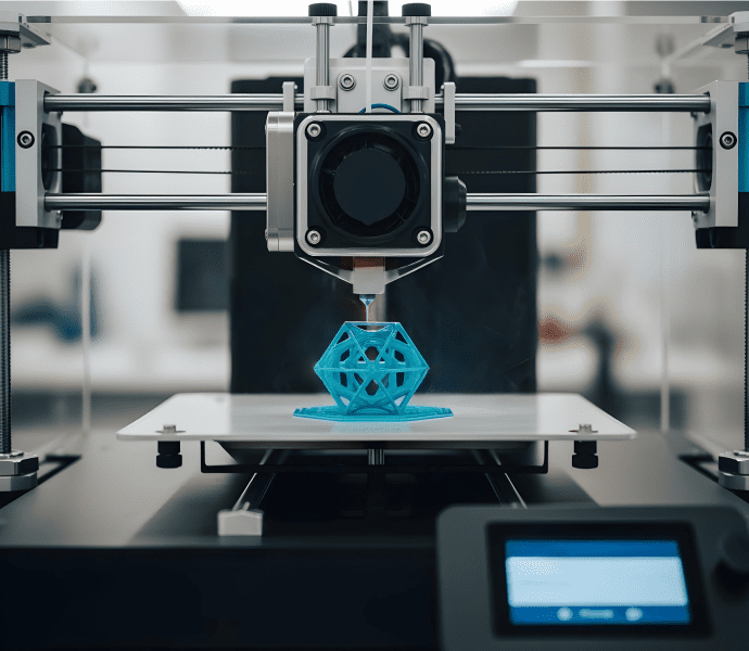 Imprimante 3D imprimant un modèle géométrique bleu